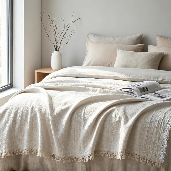 MINUPWELL 100% Pure Hemp Blanket Queen/King Size - 79"×87" Extra Large Linen Color Blanlet – Natural Hemp Fabric