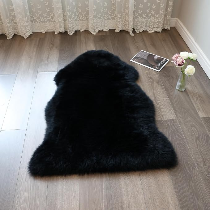 Sheepskin Rug, Fluffy Shaggy Area Rug, Super Soft 24‘’ x 36‘’ Sheepskin Hair Rug, Plush Rug, Decorative Rugs for Bedroom, Children's Room, Living Room (Inky Black, 24" x 36")