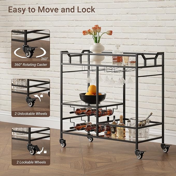 Black Bar Cart, Home Bar Serving Cart with Handle, Wine Cart with 3-Tier Glass Shelves, Beverage Cart with Wine Rack and Glass Holder, Bar Carts for The Home, Dining Room