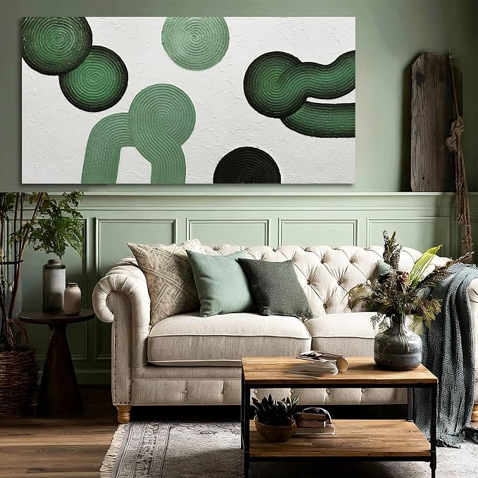 ZUNARE Green Abstract Wall Art, Hand Painted Textured Canvas with Organic Modern Forms, Minimalist Sage and Deep Green Wall Decor for Living Room Bedroom Dinning Room 24×48 Inch