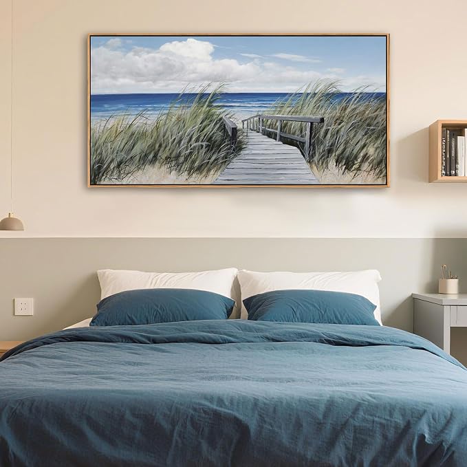 Coastal Wall Art for Living Room - Vintage Farmhouse Landscape Artwork for Walls, Framed Blue Seascape Canvas Decor, Beach Pictures for Bedroom, Ocean Wall Decor Home Decorations 20×40IN