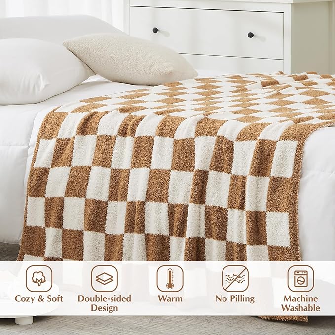 WRENSONGE Soft Twin Size Checkered Blanket for Bed-Cozy Knitted Blankets | Lightweight Fluffy Warm Decor for Women, Mom, Her & Girls, Sofa, Chair, Couch, 60x80in,Burnt Orange