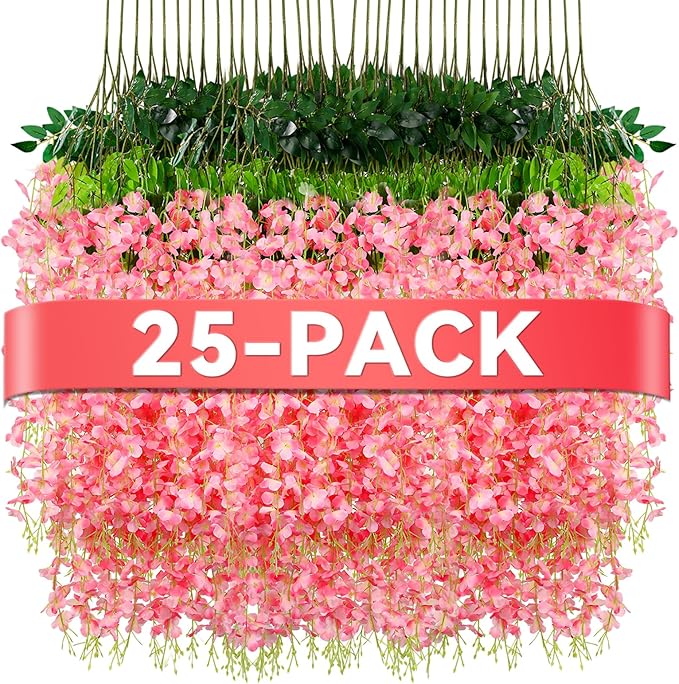 Alotiki Wisteria Hanging Flowers,Fake Hanging Flowers,Wisteria artificiales Garland for Home Wedding Arch Floral Party Garden Ceremony Outdoor Decor,3.6 feet Long(25,Pink)