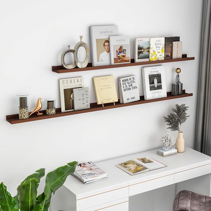 FLYJOE Picture Ledge Shelf for Wall, 24 inch Solid Ash Wood Nursery Book Shelves 2 Packs, Floating Shelves for Kids' Room Bedroom Bathroom Living Room Photo Frames Office Nursey Wall Decor, Walnut