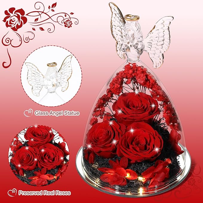 Mothers Day Rose Gifts for Women Preserved Real Flower in Glass Angel Figurines Roses for Delivery Prime Birthday Gifts for Mom Grandma Girlfriend Wife Her, Crystal Red