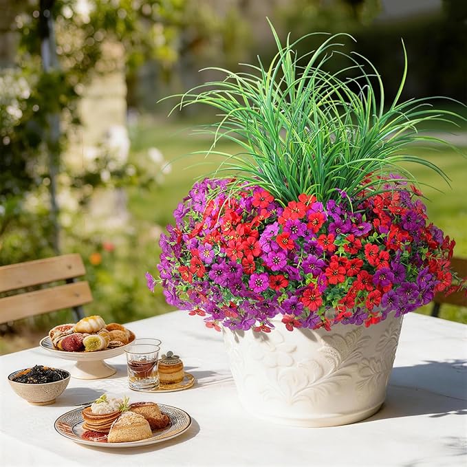 Artificial Flowers for Outdoors 14 Bundles UV Resistant Fake Flowers Daisy with Greenery Plants Faux Outdoor Flowers for Spring Summer Decoration Outdoor Faux Plants Home Window Porch Patio Yard