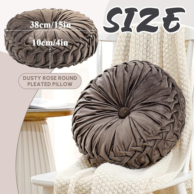 Drydiet 1 Pcs Round Throw Velvet Pillows Decorative Pleated Throw Pillows Diameter Accent Pumpkin Boho Chair Cushion for Couch Sofa Home Decoration (Taupe,15'')