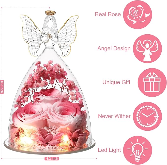 Mothers Day Rose Gifts for Women Preserved Real Flower in Glass Angel Figurines Roses for Delivery Prime Birthday Gifts for Mom Grandma Girlfriend Wife Her, Pink White
