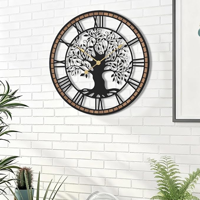 Micasso Wall Clocks Battery Operated: 21Inch Farmhouse Tree of Life Metal with Wood Frame - Rustic Roman Numerals Clock for Bedroom/Office/Living Room/Kitchen - Home Decor for Trendy Fashionistas
