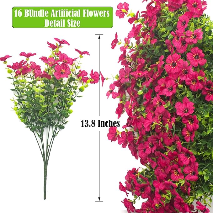 Grunyia Artificial Fake Flowers for Outdoor Spring Decoration, 16 Bundles Faux Silk Colorful Daisy UV Resistant Realistic for Outside Porch Patio Home Yard Garden Planters Pots Window Box (Rose Red)