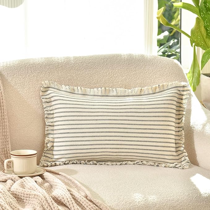 ZWJD Throw Pillow Covers 12x20 Set of 2 Striped Pillow Covers with Fringe Chic Cotton Decorative Pillows Square Cushion Covers for Sofa Couch Bed Living Room Farmhouse Decor, (Gray)