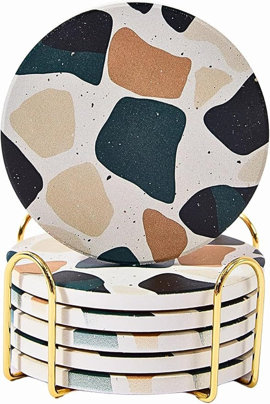 Terrazzo Coasters Set of 6, Ceramic Absorbent Drink Coasters, Cute Moisture Absorbing Coaster, Coffee Table Desk Decor, Colorful Stone Coaster for Drinks (Midnight)