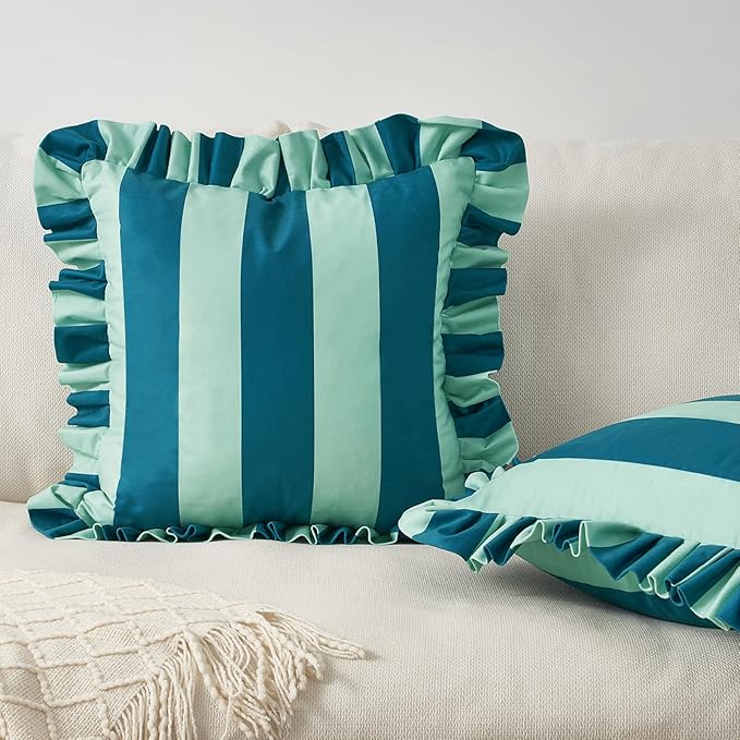 MONDAY MOOSE Decorative Throw Pillow Covers, Set of 2 Water-Resistant Striped Design with Ruffle Edge for Outdoor/Indoor Use, Pillow Inserts Not Included (16x16 inch, Blue/Light Blue)