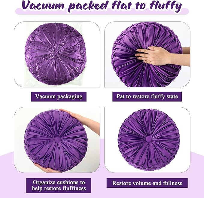 Drydiet 1 Pcs Round Throw Velvet Pillows Decorative Pleated Throw Pillows Diameter Accent Pumpkin Boho Chair Cushion for Couch Sofa Home Decoration (Purple,15'')