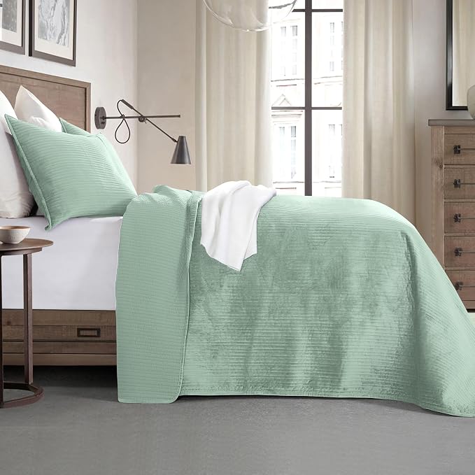Elegant Comfort Luxury 3-Piece Velvet Corduroy Stripe Quilt Set, Ultra Soft Bedspread - Cozy Velvet Coverlet Set- 3PC Medium Weight Quilted Set with Matching Pillow Shams, California King, Smoke Green