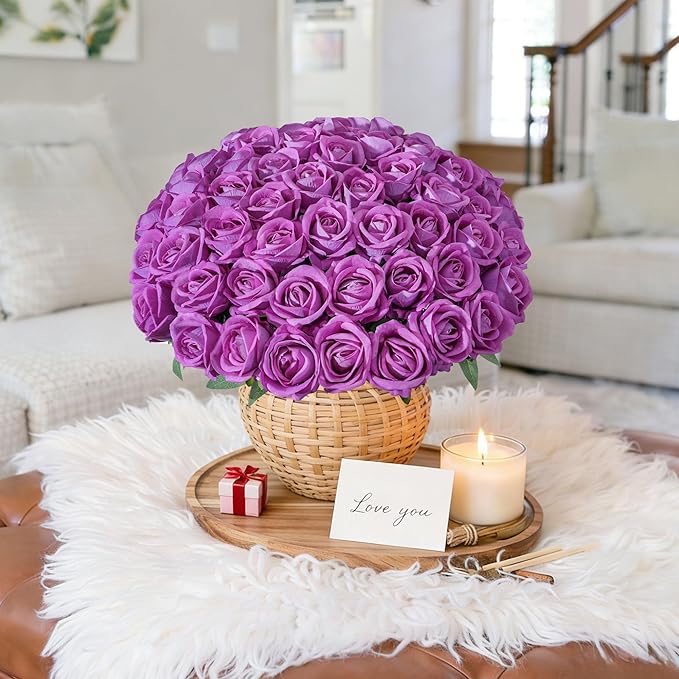 50 PCS Roses Artificial Flowers, Fake Roses with Stem Realistic Fuchsia Silk Roses for DIY Wedding Bouquets Table Centerpieces Arrangements Baby Shower Birthday Home Decor Valentine's Day Gift for Her