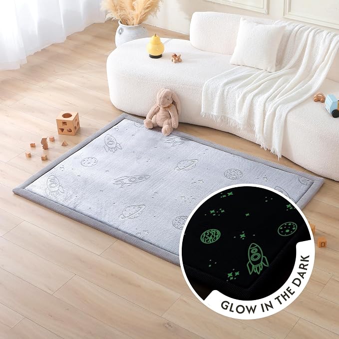 Hakuna Matte GlowCloud Baby Play Mat for Floor 47”x 67” Planets | Coral Velvet high-Density Foam Rug for Crawling & Cozy Play – Non-Slip, Water-Resistant, Easy-Care Tummy Time Mat
