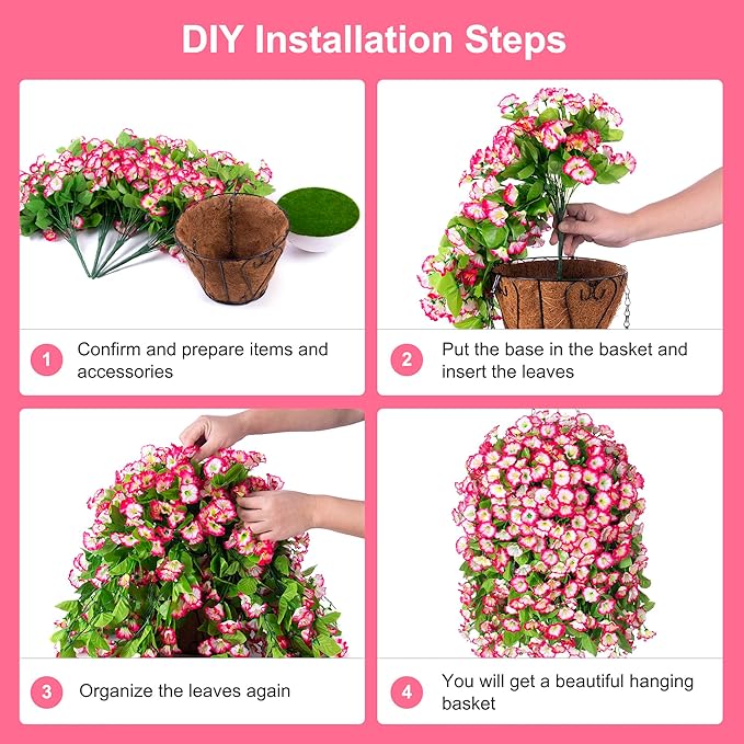 Ammyoo Artificial Faux Hanging Flowers Basket for Spring Summer Outdoor Porch Decor, Fake Silk Colorful Morning Glory Eucalyptus in Planter UV Resistant Look Real for Home Patio Balcony Yard(Pink)