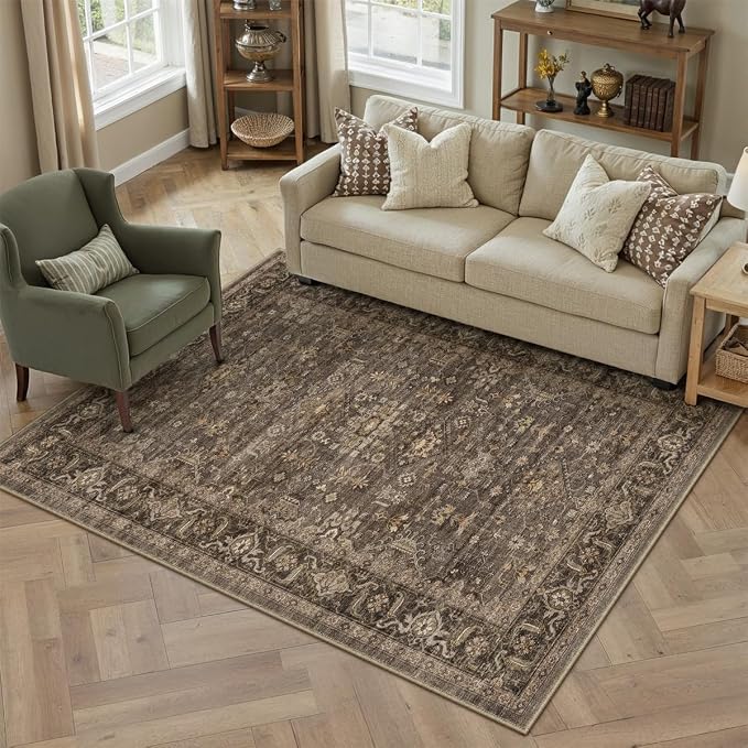 5x8 Washable Area Rug for Living Room Bedroom Vintage Brown Soft Low Pile Carpet Traditional Retro Non Slip Throw Rug for Dining Room Entryway Indoor Dorm Kitchen