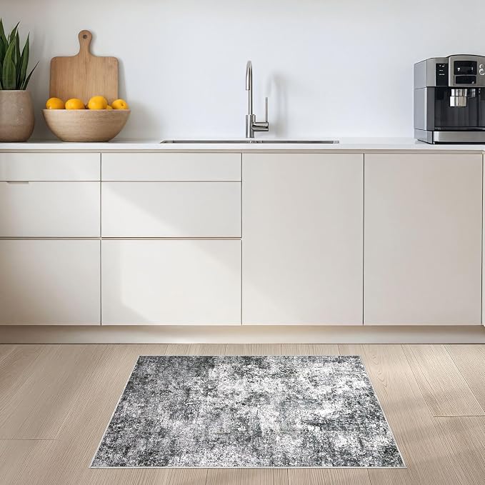 DMOYEST 2x3 Entryway Area Rug: Washable Neutral Modern Abstract Small Rug - Non-Slip Low Pile Throw Indoor Carpet for Entrance Kitchen Front Door Mat Bathroom Entry Kids Room - Grey