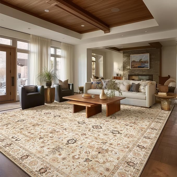 Washable Rugs for Living Room: 9x12 Area Rugs for Bedroom Ultra Soft Non-Slip Stain Resistant Vintage Boho Large Carpet for High-Traffic Dining Room - Farmhouse Decor