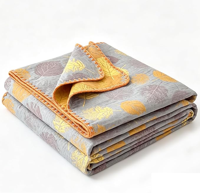 NIDITW Checkerboard Cotton Muslin Throw Blanket for Couch 6-Layer Checkered Gauze Blanket Soft Breathable All Season for Couch Bed Sofa (Yellow Leaves, King)