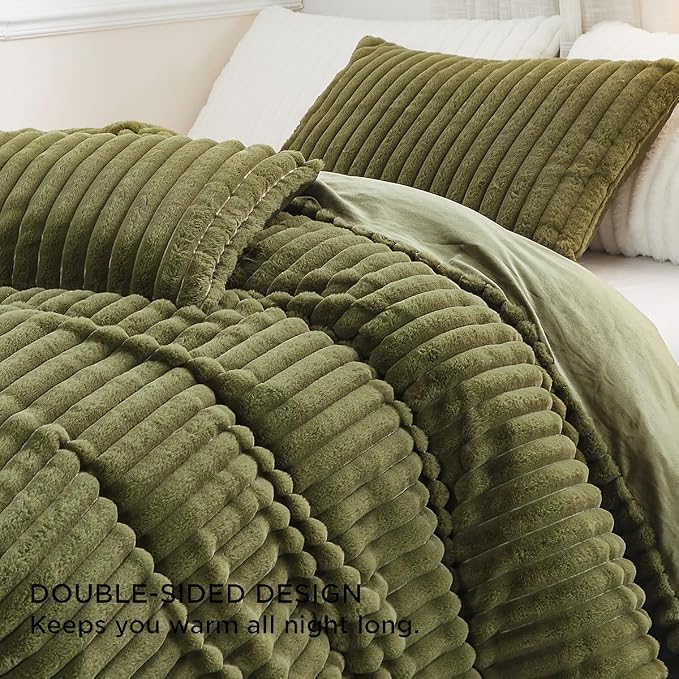 Nayoroom Fluffy Faux Fur Duvet Cover Queen Size Velvet Flannel Olive Green Striped Reversible Comforter Cover Winter Warm 3 Pcs Luxury Soft Shaggy Plush Fuzzy Bedding Set with Zipper Closure