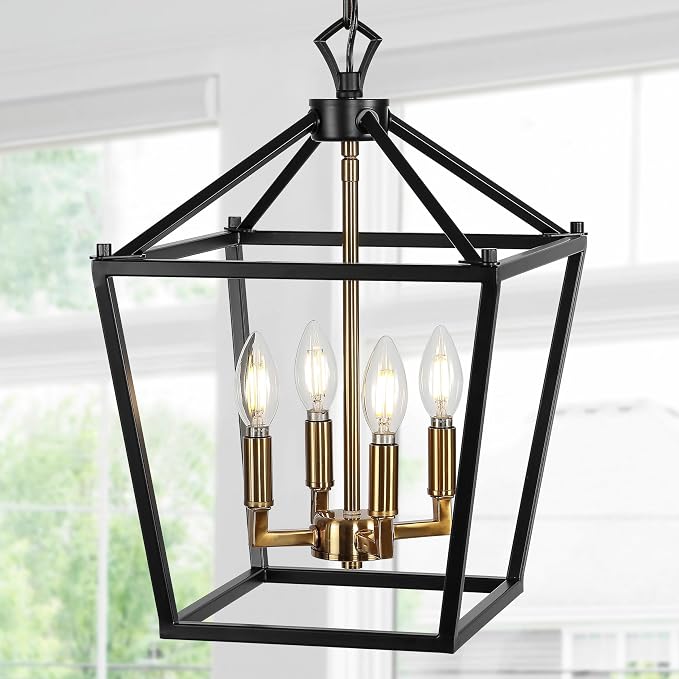 JONATHAN Y 12" Oil Rubbed Bronze/Brass Gold Lantern Pendant Light, 1-Light Pagoda Style Metal Cage Farmhouse Hanging Ceiling Fixture for Kitchen Island, LED Bulb Included (JYL7436D)