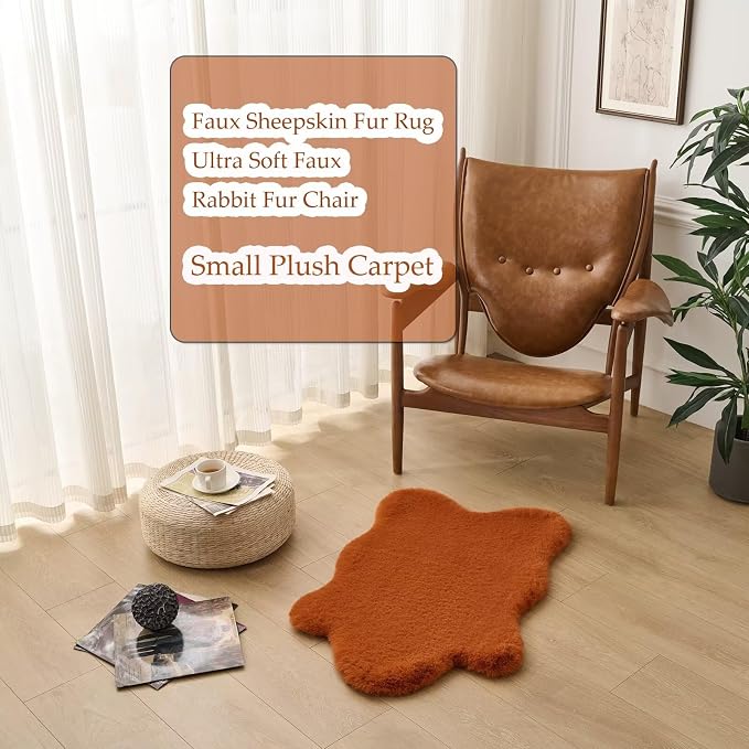 1700GSM Fuzzy Faux Sheepskin Fur Area Rug,Extra Soft Faux Fur Mat,Fluffy Shaggy Fur Rug for Bedroom Living Bedside Rug Room Decor-Burnt Orange, 2 x6 ft