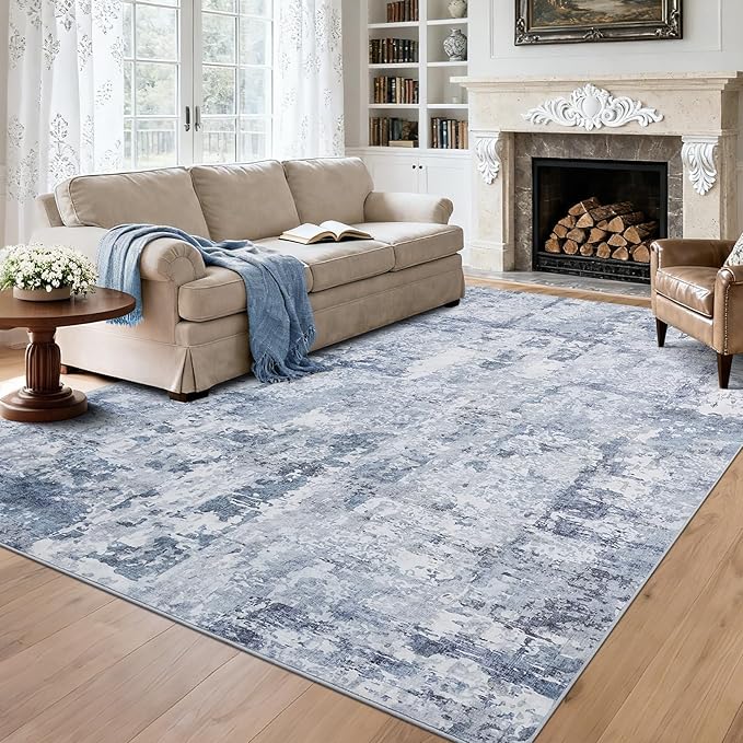 GarveeHome Modern Area Rug 6x9 Washable Rugs for Living Room Aesthetic, Large Abstract Non-Slip Low-Pile Indoor Blue Grey Printed Accent Carpet for Bedroom Dining Room Office