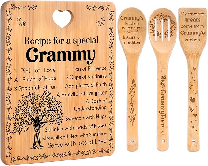 Grammy Gifts - "Recipe for a Special Grammy" Gifts for Grammy Cutting Board Set, Bamboo-Made Engraved Utensil Set Grammy Cutting Board, Mothers Day Gifts for Grammy.