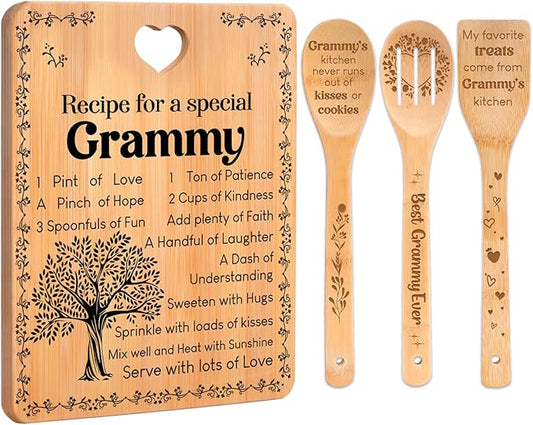 Grammy Gifts - "Recipe for a Special Grammy" Gifts for Grammy Cutting Board Set, Bamboo-Made Engraved Utensil Set Grammy Cutting Board, Mothers Day Gifts for Grammy.