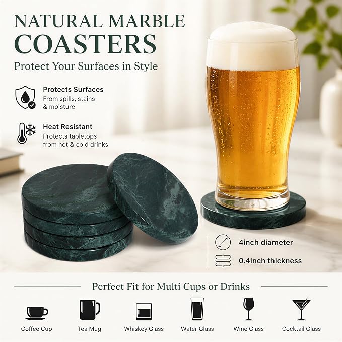 Green Marble Coasters Set of 4, Natural Stone Drink Coasters 4 Inch Round, Non-Slip Cork Bottom, Heat & Water Resistant, Protects Table Surfaces, Elegant Home Decor — Housewarming Gift
