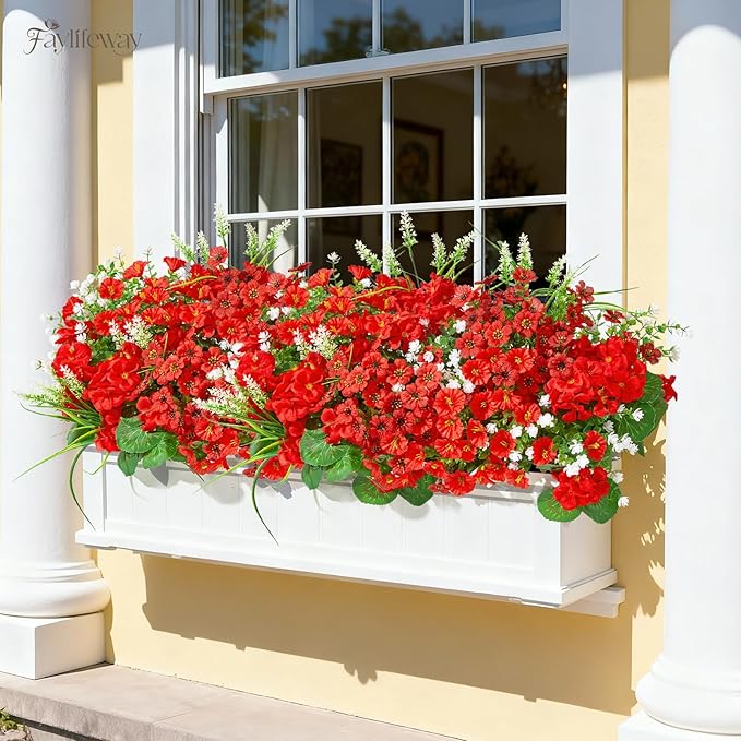 16 Bundles Artificial Flowers for Outdoors, UV Resistant Silk Faux Flowers for Outside Planters,Garden,Porch,Yard,Home Decor(Red)