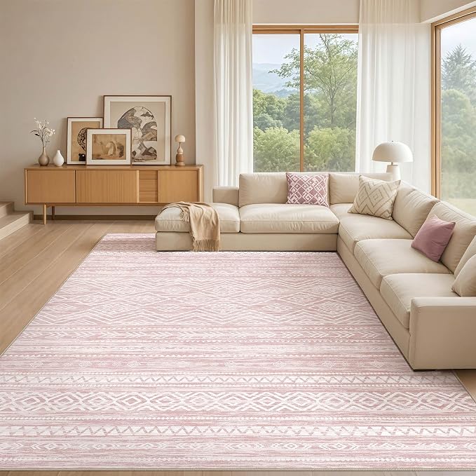 Tortania Area Rug Living Room Rugs- 10x12 Washable Large Soft Neutral Boho Moroccan Bohemian Farmhouse Rug Indoor Floor Carpet for Bedroom Under Dining Table Home Office Decor - Pink