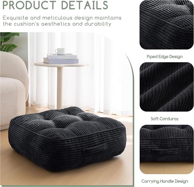 HIGOGOGO 8" Extra Thick Floor Pillow Cushion for Adults, Meditation Cushion Pillow, Large Square Floor Sitting, Tufted Corduroy Cover, for Tatami Living Room or Yoga, 22x22 Inch, Black