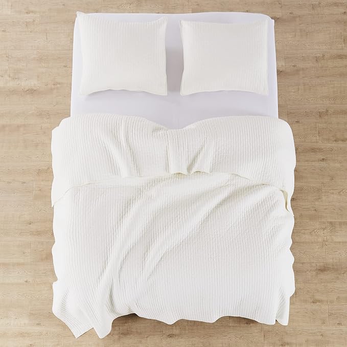 Levtex Home Cross Stitch Reversible King Bedspread Set (120x104in) with 2 Pillow Shams (36x20in) - Stitch Texture - Cream - Cotton King Size Bedspread Set - Soft, Pre-Washed
