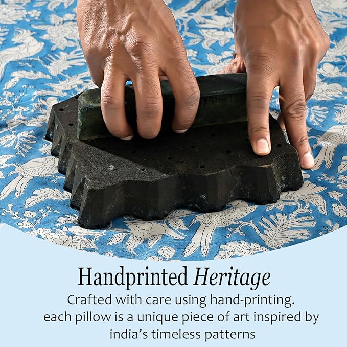 CPC Block Print Ruffle Throw Cover Blue Sapphire 20"x20" Inch Pack of 2-100% Cotton Ruffle Couch Decorative Boho Pillows Case for Living Room, Bedroom, Sofa, Farmhouse Gift for Spring, Mother's Day