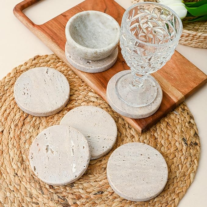 Perilla Home Handcrafted 4-4" Travertine Coaster – Set of 6 Round Coaster for Home, Kitchen or Office,Natural Absorbent Coasters for Hot & Cold Beverages Perfect Table Accessories for Modern Living