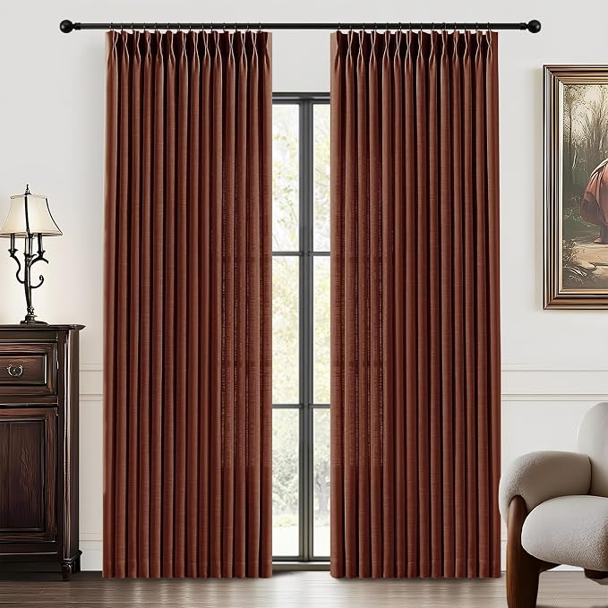 Chestnut Brown Pinch Pleated Linen Curtains 84 Inches Long for Living Room, Light Filtering Pleat Drapes Textured Thick Memory Trained Semi-Sheer Curtain with Hooks for Bedroom Dining Room, 2 Panels