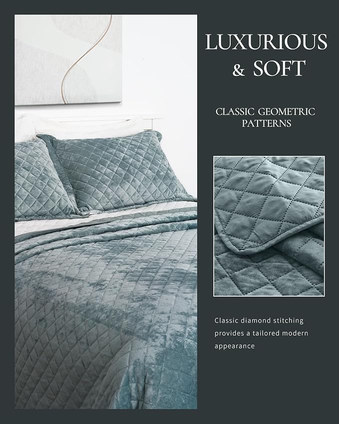 Luxury Velvet King Quilt Set, Ultra Soft Lightweight Velvet Comforter Set, Oversized Bedspread Coverlet with 2 Shams Diamond Pattern, for All Season (Deep Blue)