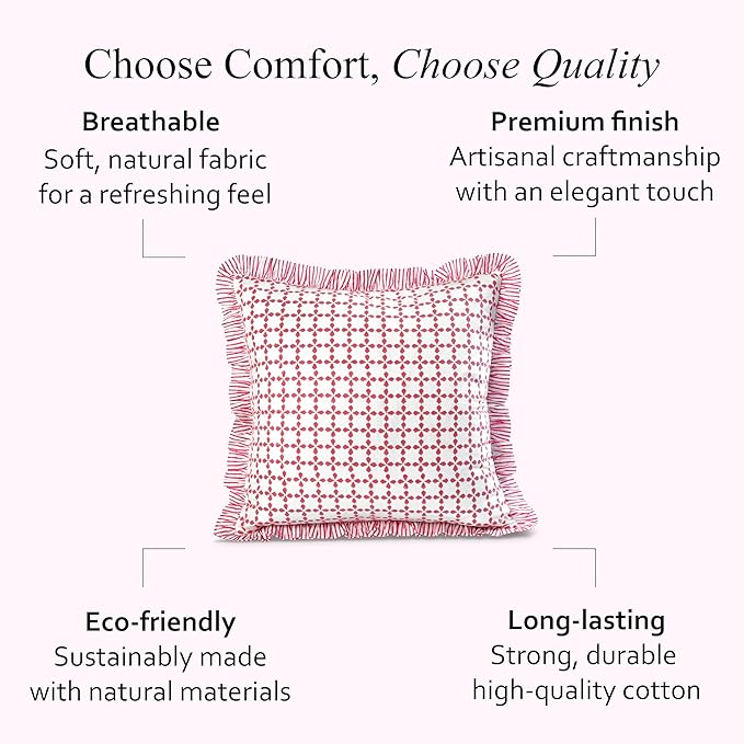 CPC Magenta Pink Hand Block Print 100% Cotton Ruffle Throw Pillow Cover 20x20 inch with Hidden Zipper Decorative for Couch, Bed, Sofa, Farmhouse, Cottagecore Decor Gift Christmas Fall Thanksgiving