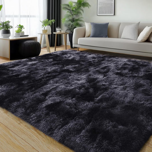 Rezutan Rugs for Living Room, Area Rug 6x9 Fluffy Rug Carpet, Soft Shaggy Modern Floor for Kids Boys Girls Bedroom, Plush Fuzzy Dorm,(Black Grey Tie-Dyed,6ft x 9ft)