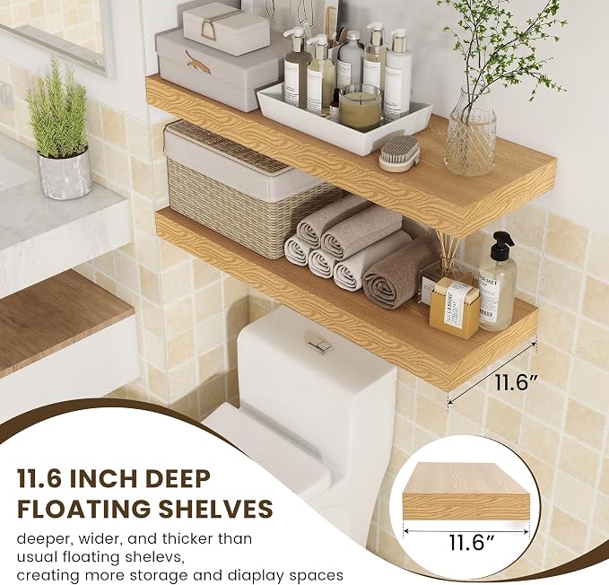FLYJOE 36''x 12'' x 2'' Oak Floating Shelves Set of 2, 12 Inch Deep Oak Shelves for Wall, 36 Inches Long Rustic Farmhouse Style Shelves, Includes Metal Brackets & Hardware, 45Lbs Load Capacity