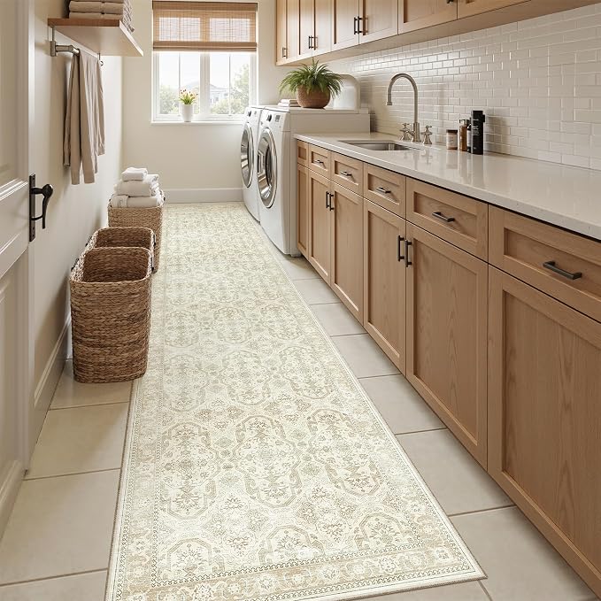 Soalmost Runner Rug 2x10 Washable Non-Slip Hallway Runner Rugs for Kitchen Bathroom Laundry Room Beige/Brown Vintage Floor Carpet Runners for Hallways Entryway