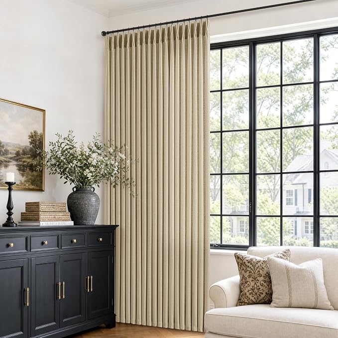 70 Inch Wide Pleated Linen Oatmeal Curtains 108 Inch Long 1 Panel for Large Windows Cottage Beige Sand Semi Sheer Pinch Pleat Extra Wide Back Tab Curtains for Living Room Sliding Patio Door 70x108
