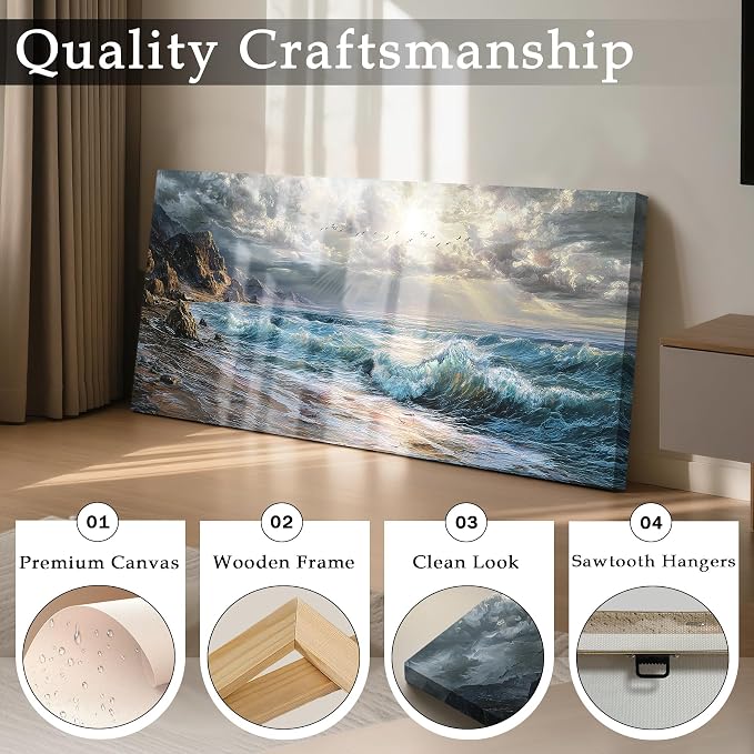 imjiayu Wall Art For Living Room, Ocean Beach Large Wall Decor, Coastal Seascape Painting Prints, Modern Sea Waves Landscape Pictures Canvas Artwork for Bedroom Office Home Decor 24" x 48"
