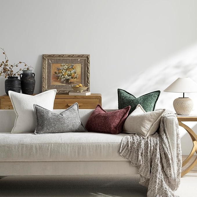 DEZENE Pack of 2 Cream White Decorative Throw Pillow Covers 20x20 Cozy Soft Chenille Accent Vintage Square Couch Pillow Covers for Home Decor Bed Sofa Living Room