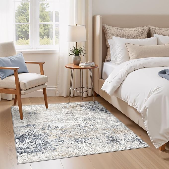 DMOYEST Square Area Rug Living Room Rugs - 5x5 Washable Large Soft Indoor Neutral Modern Abstract Low Pile Rug Carpet for Bedroom Dining Room Farmhouse Home Office - Beige Blue