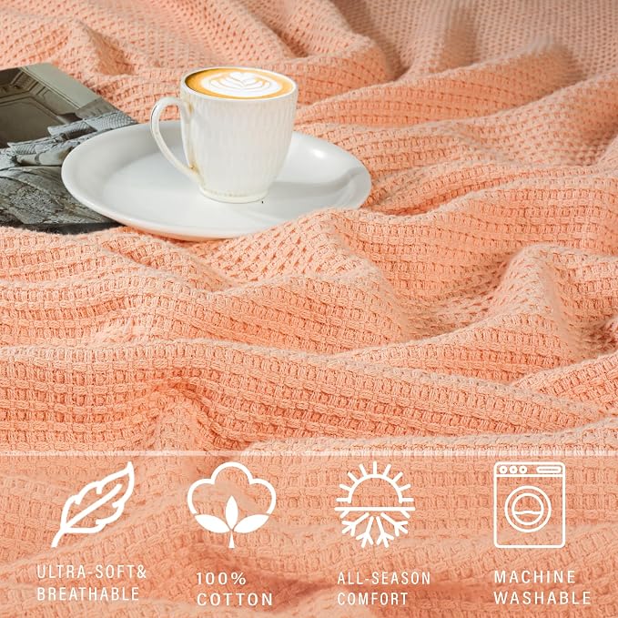 TreeWool Premium 100% Cotton Waffle Summer King Blanket (90"x108", Peach) | 420 GSM Breathable Lightweight Moisture Wicking Soft Knit Thermal Blanket for Bed or Sofa All-season Comfort Machine Washable